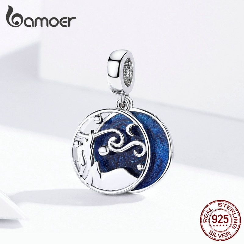 BAMOER Mặt Vòng cổ/Vòng Tay Bằng Bạc 925 Họa Tiết Bầu Trời Đầy Sao Màu Xanh Dương SCC1389 Cho Nữ