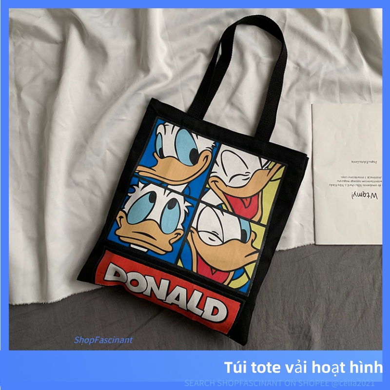 Túi đeo vai bằng vải hoạt hình phụ nữ vải tote kích thước lớn với dây kéo túi cho học sinh vịt donald thiết kế dễ thương cute duck cartoon canvas shoulder bag women's tote bag student bag large size with zipper
