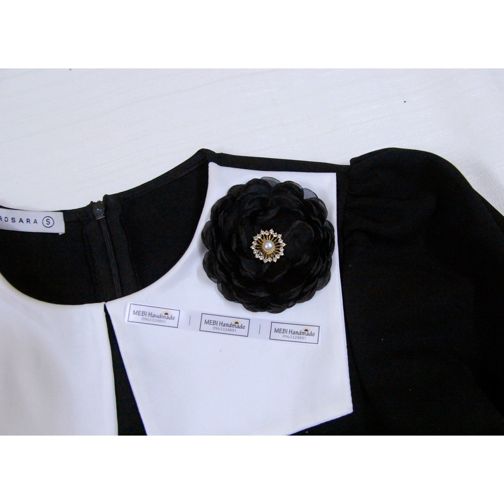 Hoa cài áo MEBIHandmade cao cấp tone màu đen siêu sang, hoa vải handmade mẫu hoa hồng đen trắng NOBOX