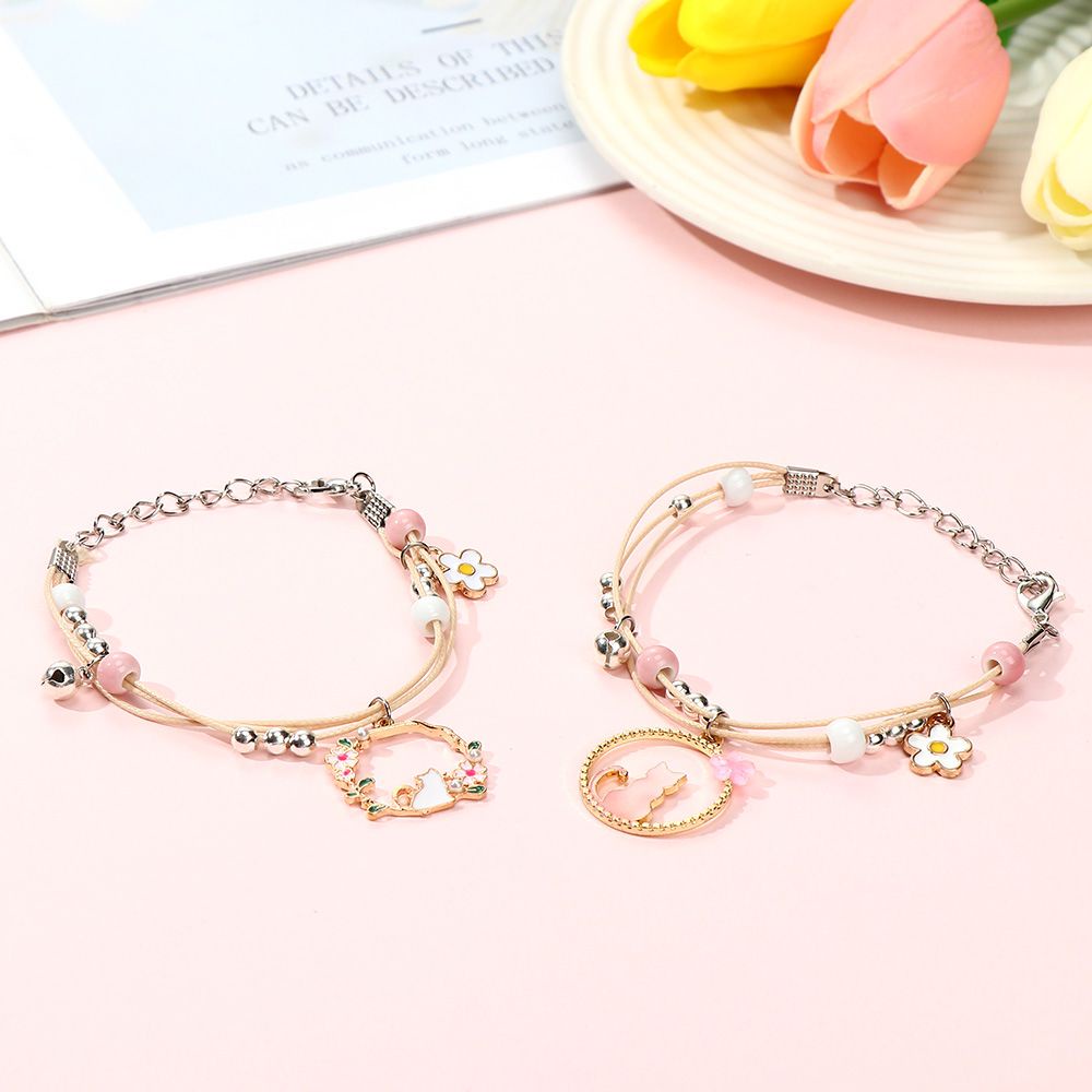 Vòng tay chuỗi hạt phối mặt hình mèo ngọt ngào dễ thương cho học sinh