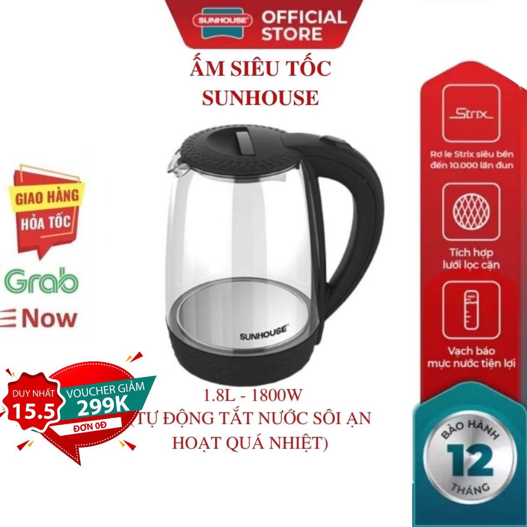 Ấm Siêu Tốc Thuỷ Tinh MAMA SUNHOUSE 1.8L Bình Đun Nước Sôi Tự Ngắt  Mới 100% Chính Hãng Bảo Hành Toàn Quốc