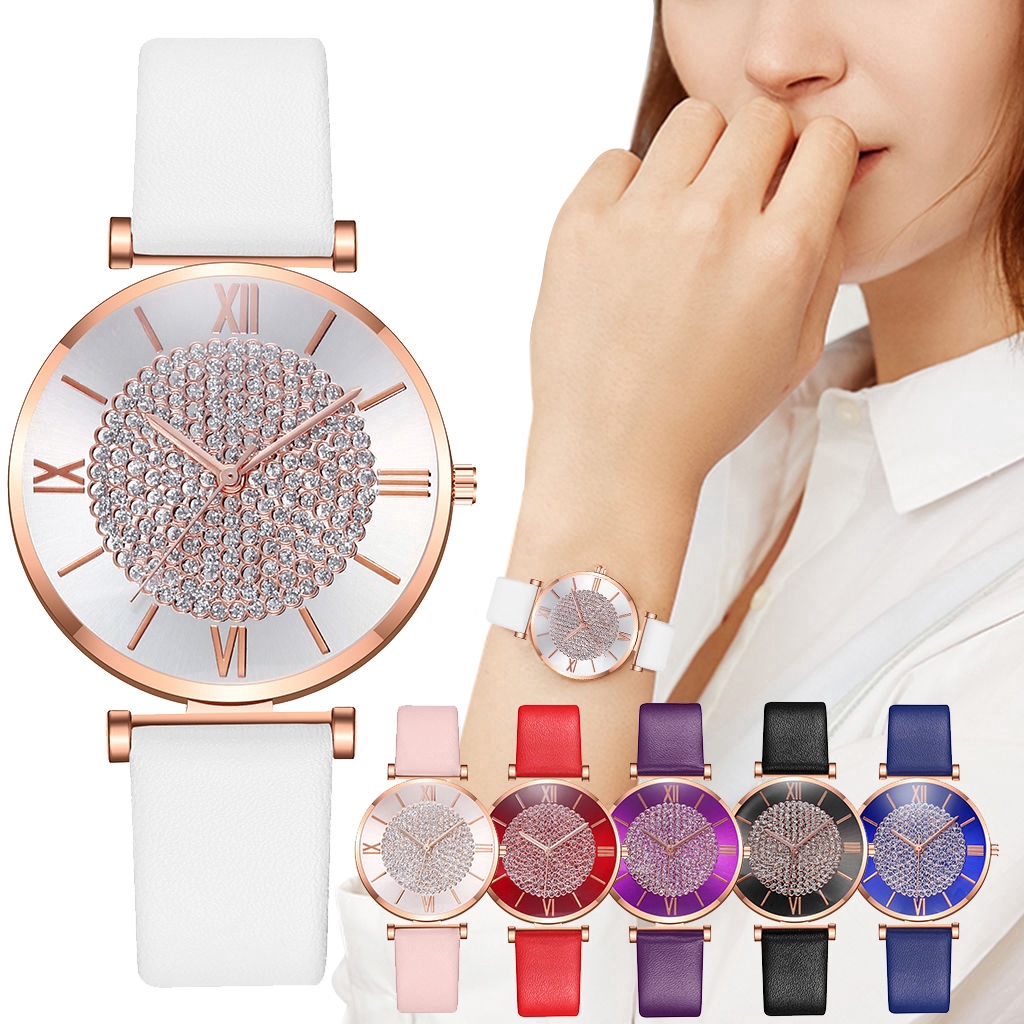 Đồng hồ dây da với mặt đính đá sang trọng thời trang cao cấp