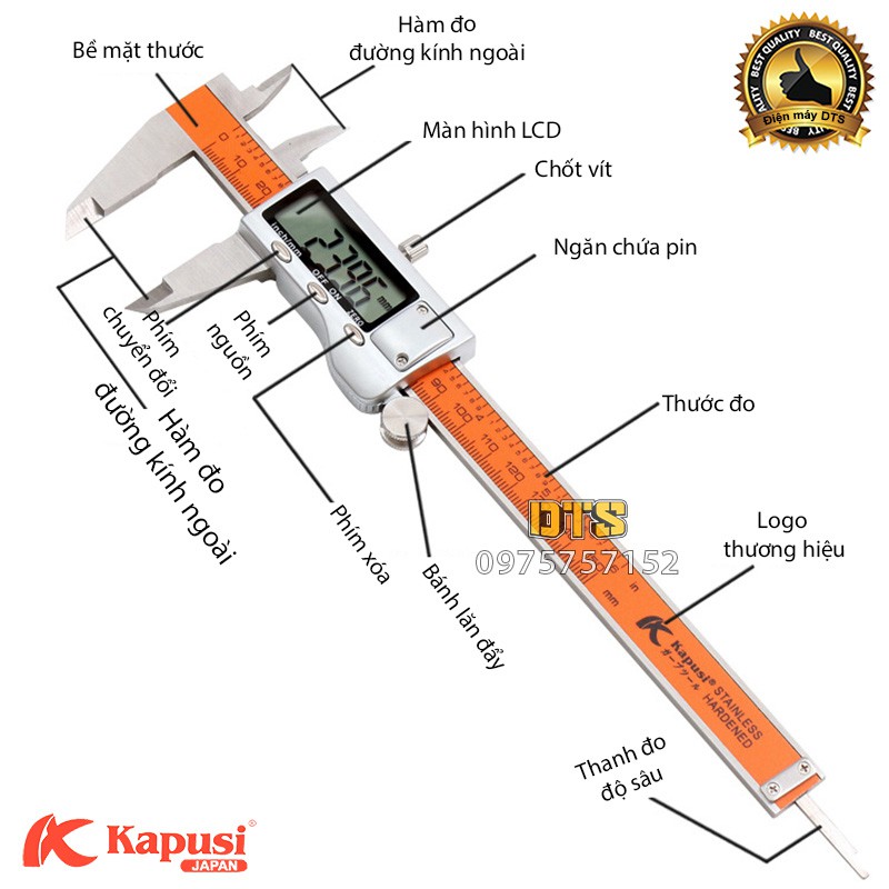 Thước kẹp điện tử, thước cặp kỹ thuật số Kapusi 150mm, thép Mangan cường lực không gỉ, độ chính xác cao, đo độ sâu