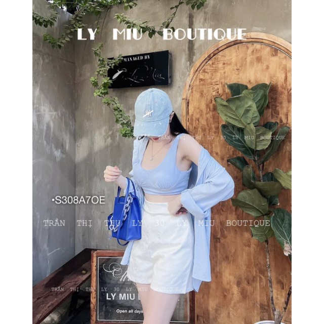 Set 3 Món Đi Biển ,Set Sơ Mi Xanh Form Rộng Khoác Ngoài Áo Bra 2 Dây Bo Chun Eo Quần Đùi Kaki Trắng Cạp Chun Vải Đũi Mát