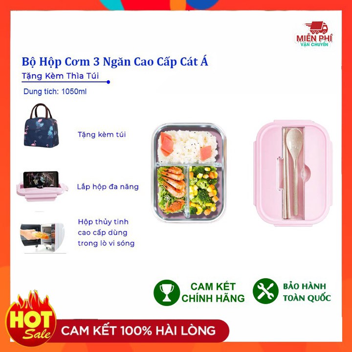 Hộp Cơm Văn phòng Thủy Tinh ❤️RẺ VÔ ĐỊCH❤️ hình chữ nhật 3 Ngăn Dung Tích 1050ml Cao Cấp