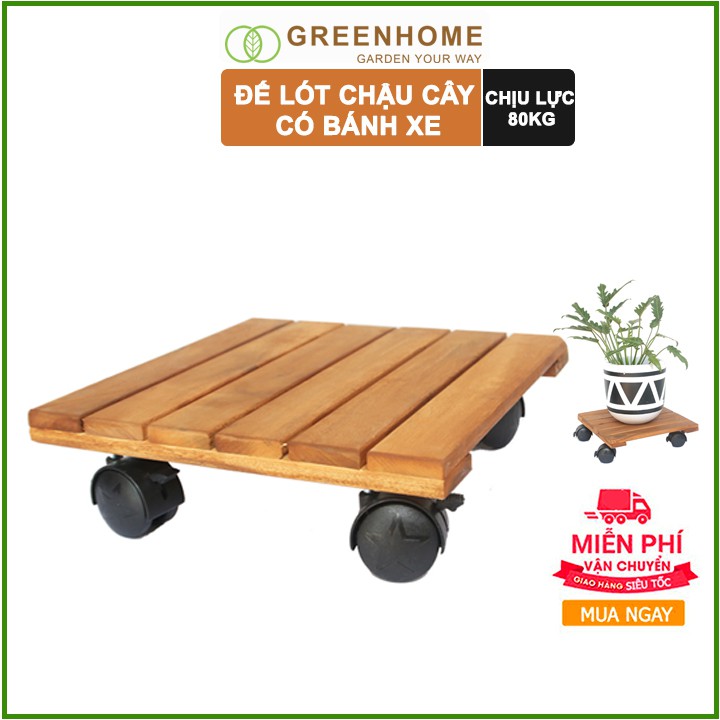 Đế lót chậu cây có bánh xe, hình vuông, màu nâu, bằng gỗ, chịu lực 80kg, R30xC8cm |Greenhome