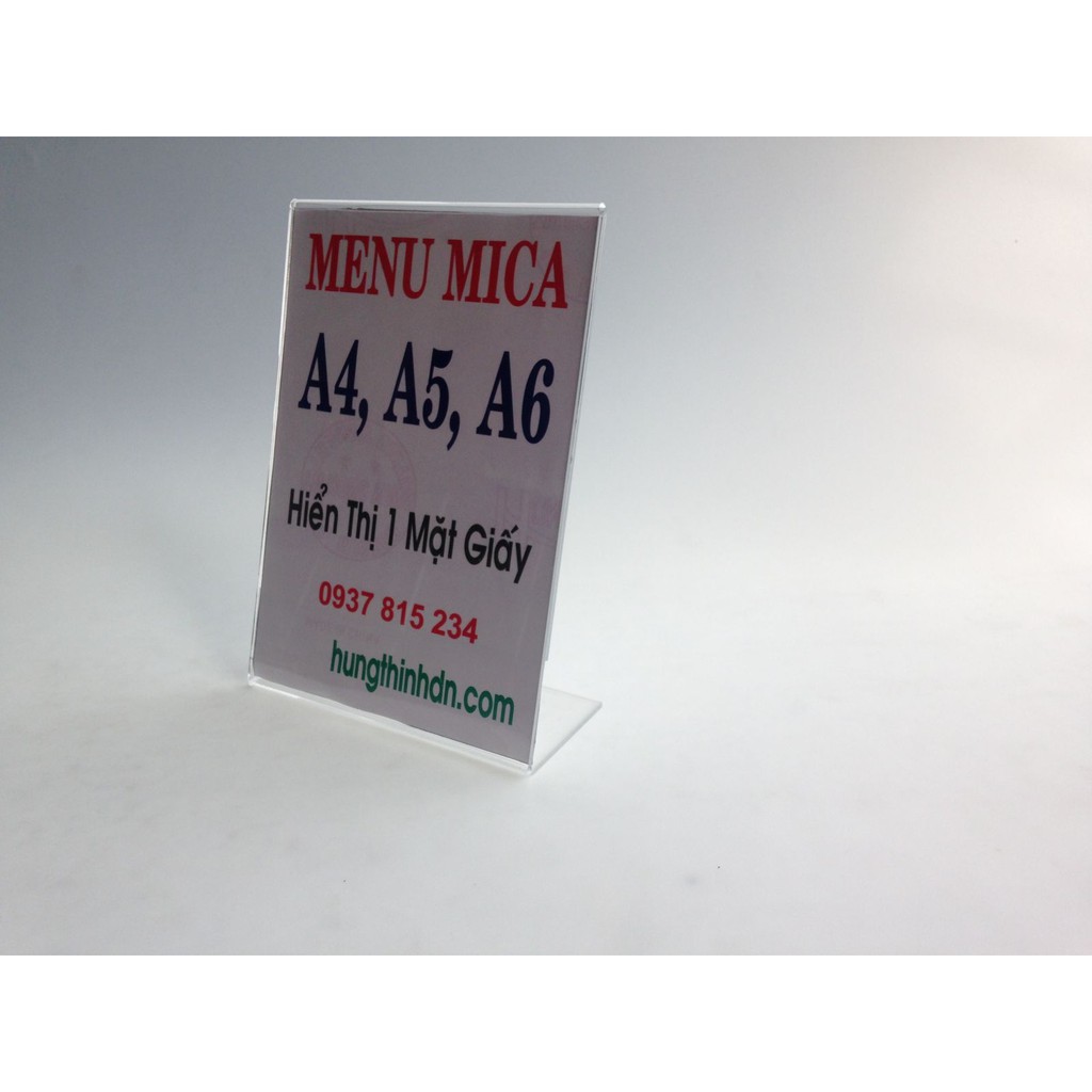 Menu mica hiển thị 1 mặt chữ L, bảng giá, bảng thông tin sản phẩm nhiều kích thước