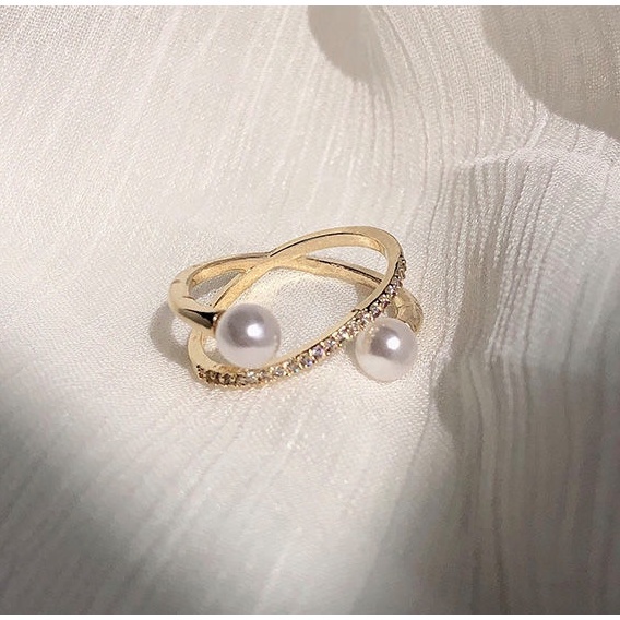 Nhẫn hở hình chữ thập đính ngọc trai sang trọng thanh lịch cho nữ