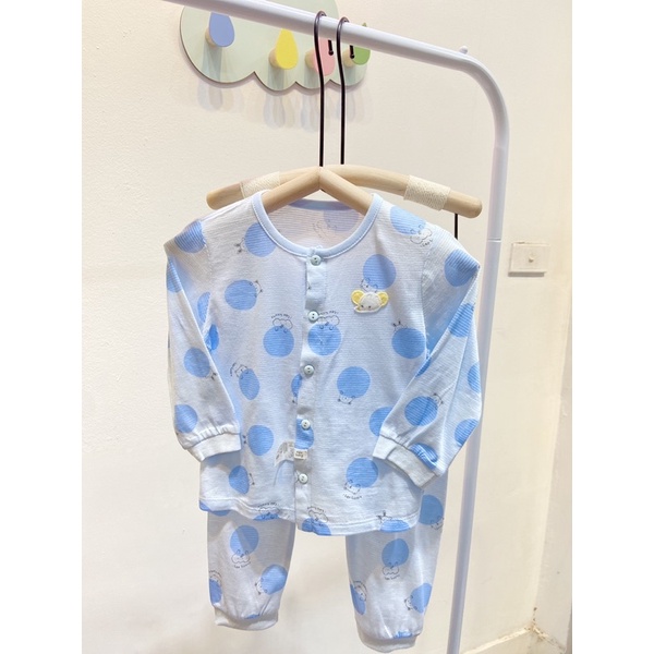 Bộ dài tay bé gái bé trai hoạ tiết chấm bi xanh agabang