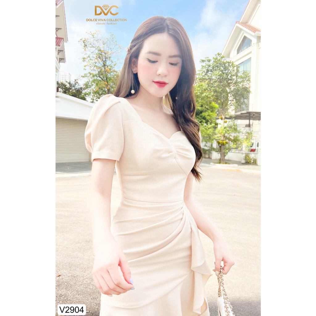 Váy body cổ tim dáng ôm đuôi cá nhún thân tiểu thư V2904