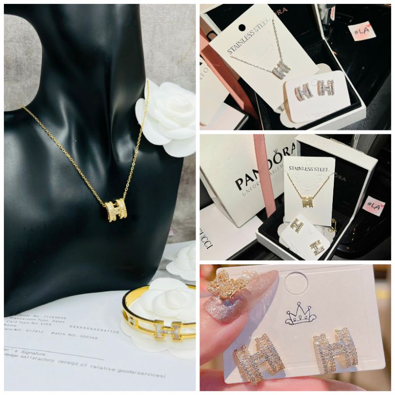 Sét trang sức chữ H titan đính đá pha lê trẻ trung sang trọng phù hợp mọi lứa tuổi