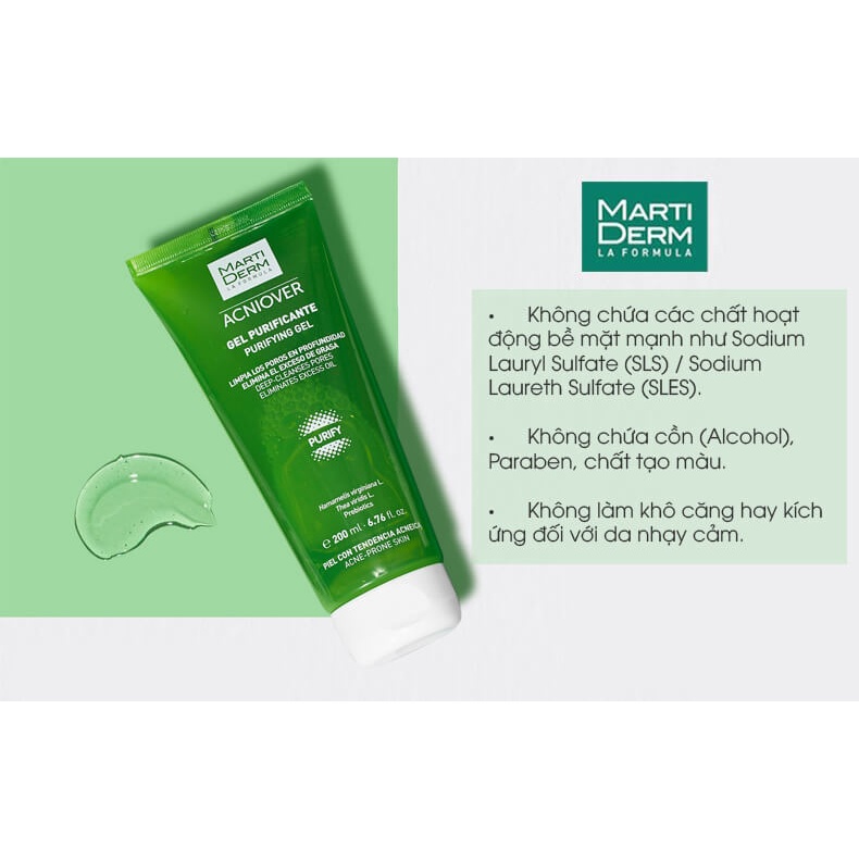 Gel Rửa Mặt, Sữa Rửa Mặt Cho Da Dầu Mụn MartiDerm Acniover Purifying Gel 200ml