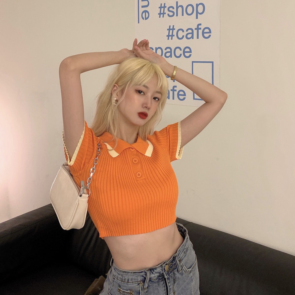 Áo dệt kim tay ngắn cổ polo phối màu tương phản phong cách Hàn Quốc xinh xắn cho nữ