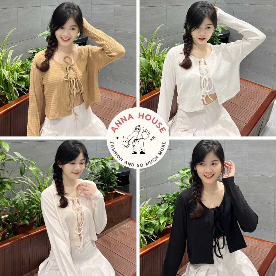 Set áo cardigan croptop nữ tay dài len gân co giãn buộc dây kèm áo hai dây, set áo croptop tay dài buộc nơ kèm áo 2 dây
