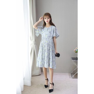 Váy bầu (Đầm bầu) voan lụa hoa xanh cao cấp hè 2019
