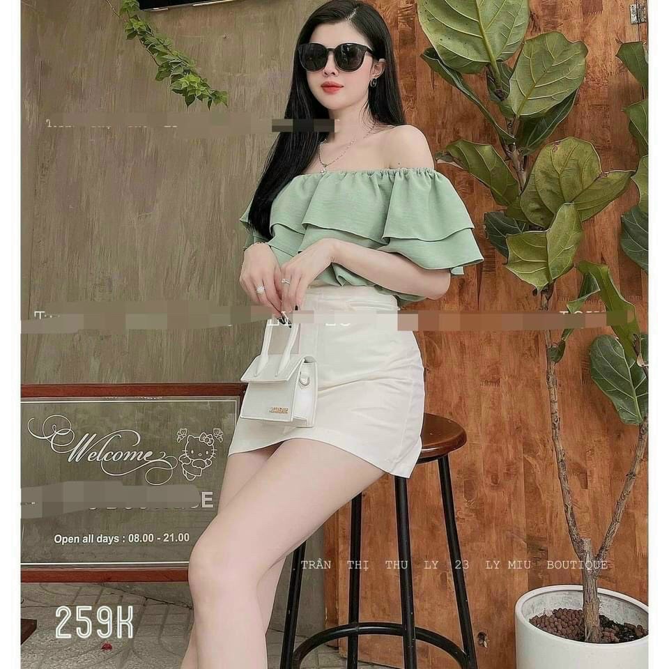 Set váy lụa áo trễ vai quần ngắn, set bộ hai món siêu xinh