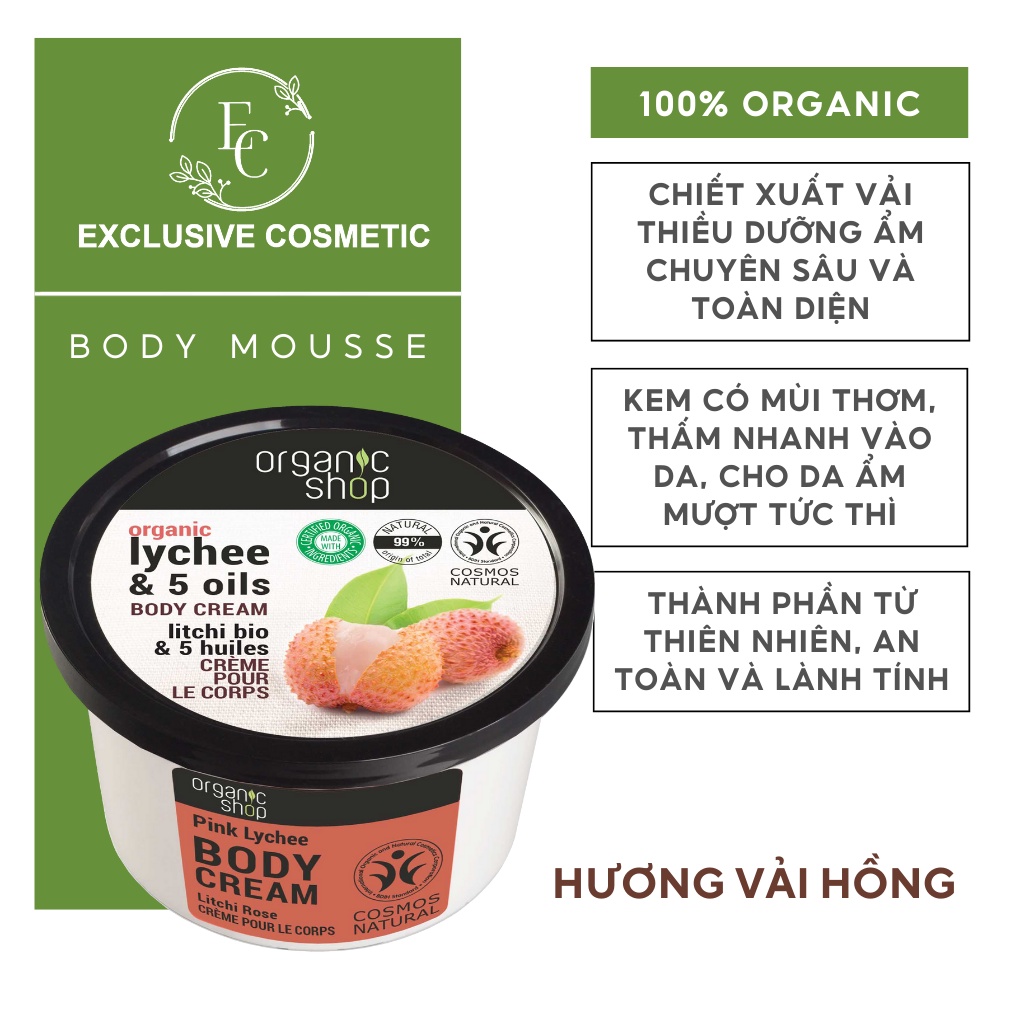 Kem dưỡng toàn thân BODY CREAM Organic Shop Hương vải hồng 250ml