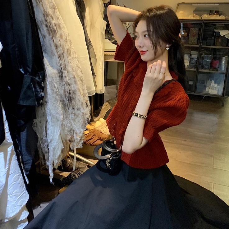 Áo cardigan ZHELIHANGFEI dệt kim tay phồng cổ polo thời trang