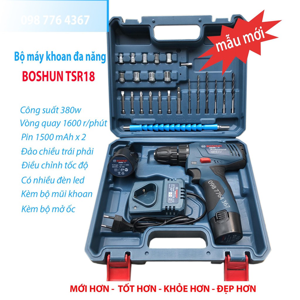 Máy khoan bắt vít cầm tay dùng pin, Máy khoan pin BOSHUN 12V  tặng bộ phụ kiện mũi khoan Sạc cao cấp 220V - 2 PIN