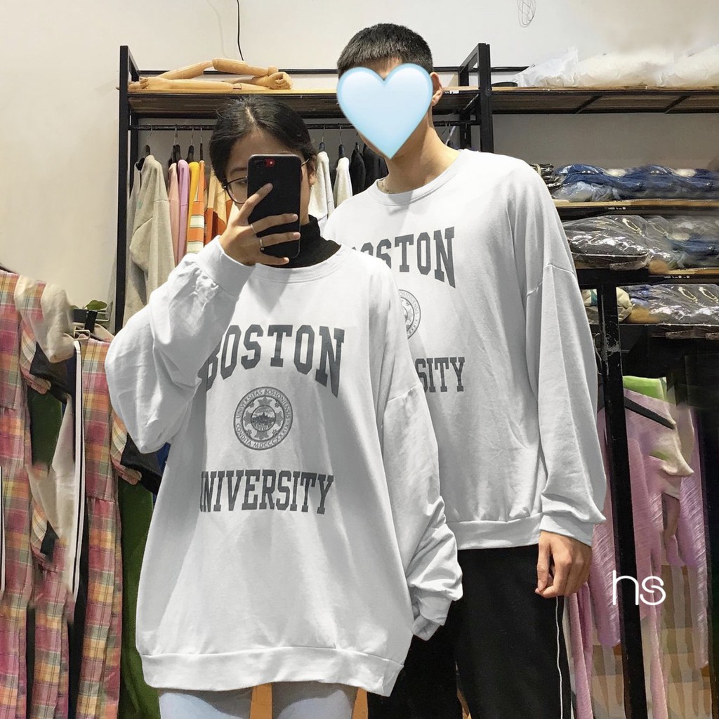 Áo SWT Đôi Nam Nữ Boston Trắng Chất Nỉ Chân Cua NinaStore