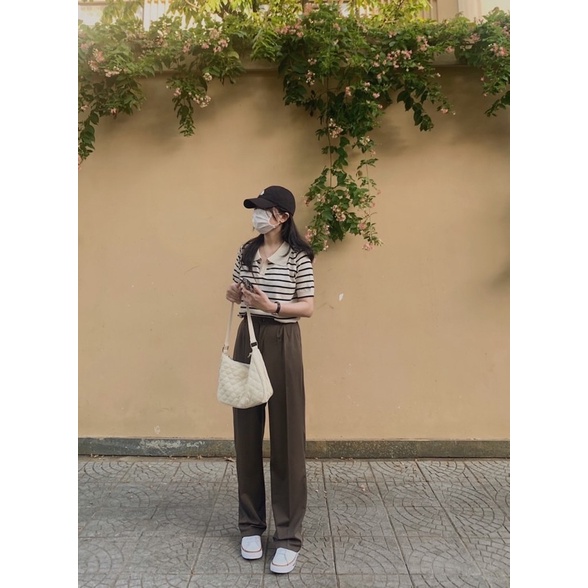 Set quần áo basic quần tây nâu cà phê và áo polo kẻ ngang ngắn tay | BigBuy360 - bigbuy360.vn