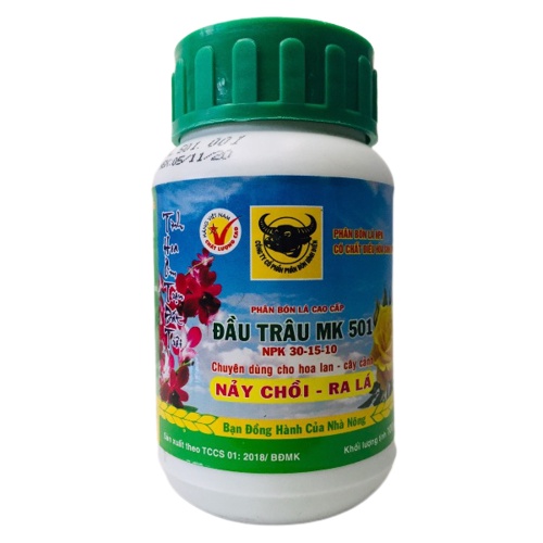 Phân bón đầu trâu MK 501 ( Giúp lan con ra nhiều chồi mới, thân lá phát triển rất mạnh, chống chịu thời tiết tốt)
