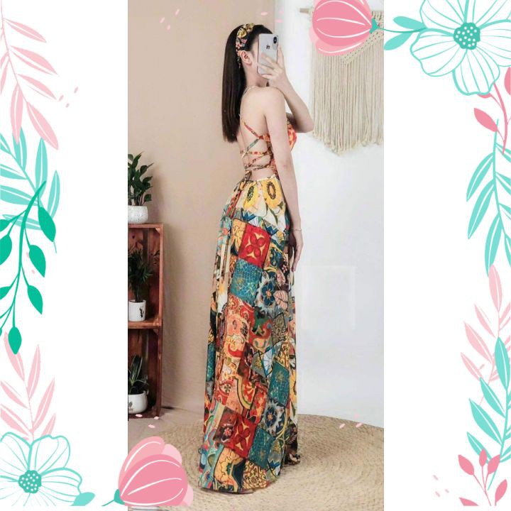 Đầm Maxi Thổ Cẩm Đan Dây Lưng, Đầm Nữ Đi Biển Đẹp SVD1TC