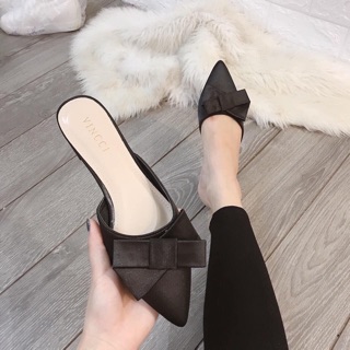 Giày mules NƠ LỤA gót vuông 2cm
