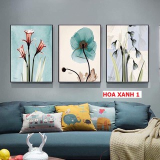 Tranh Tráng Gương khung COMPOZIT 40x60cm x 3 tranh - Hoa xanh 1