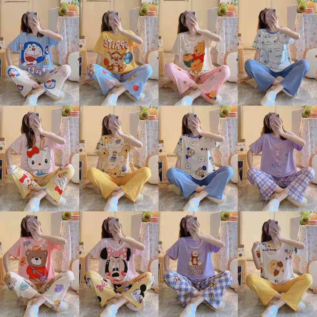 Đồ bộ thun cotton quần dài, đồ mặc ở nhà Quảng Châu, họa tiết hoạt hình dễ thương