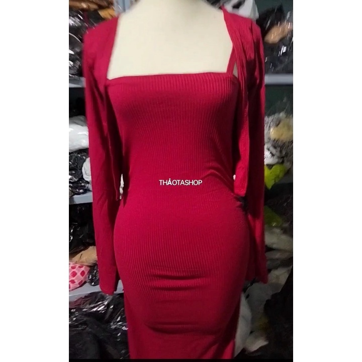 Sét đầm 2 dây ôm body nhún xường + áo khoác chất thun Gân Bao Chất hàng y hình + Clip chính chủ