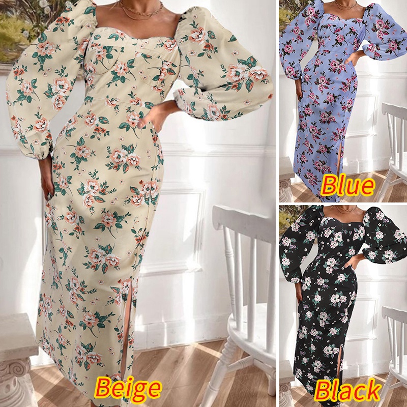 Đầm dài ZANZEA tay phồng dài cổ vuông có dây kéo bên hông thời trang cho nữ