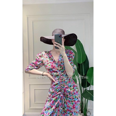 Váy maxi hoa tím đâm tay lửng rút giữa cổ V quyến rũ