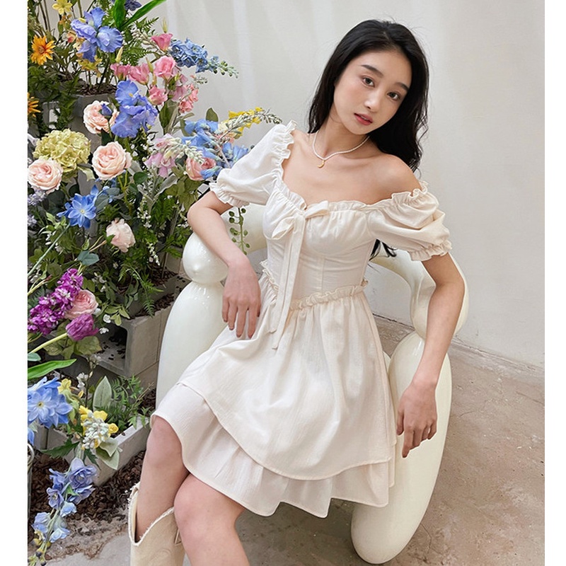 Đầm midi Cổ Vuông Tay Phồng Đính Nơ Thời Trang Mùa Hè Xinh Xắn Cho Nữ