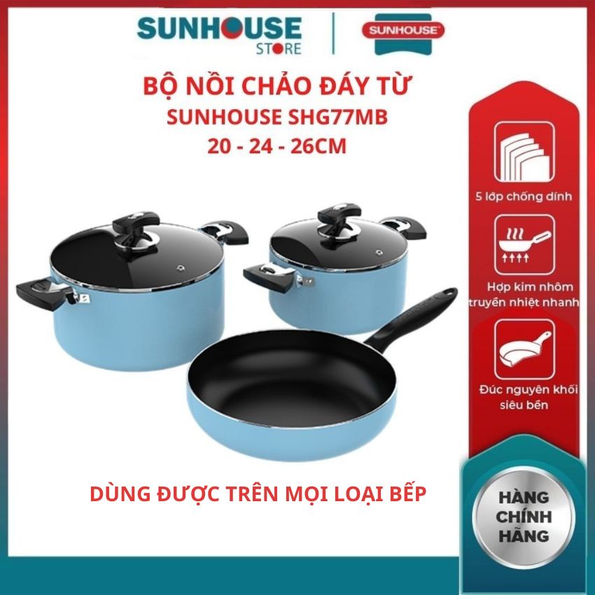 (HCM) Bộ nồi chống dính SHG77MB SUNHOUSE đáy từ hợp kim nhôm truyền nhiệt nhanh