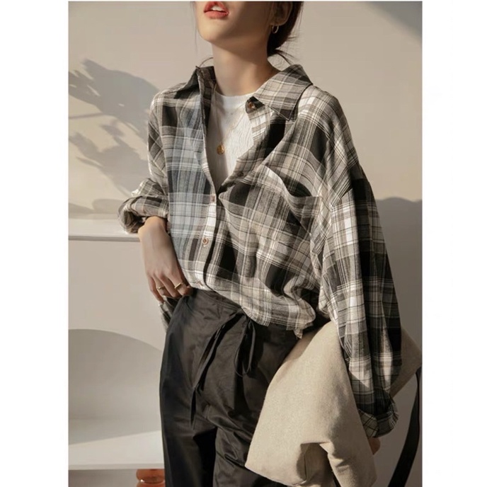 Sơ mi caro xanh dáng rộng có túi ngực-chicclothes
