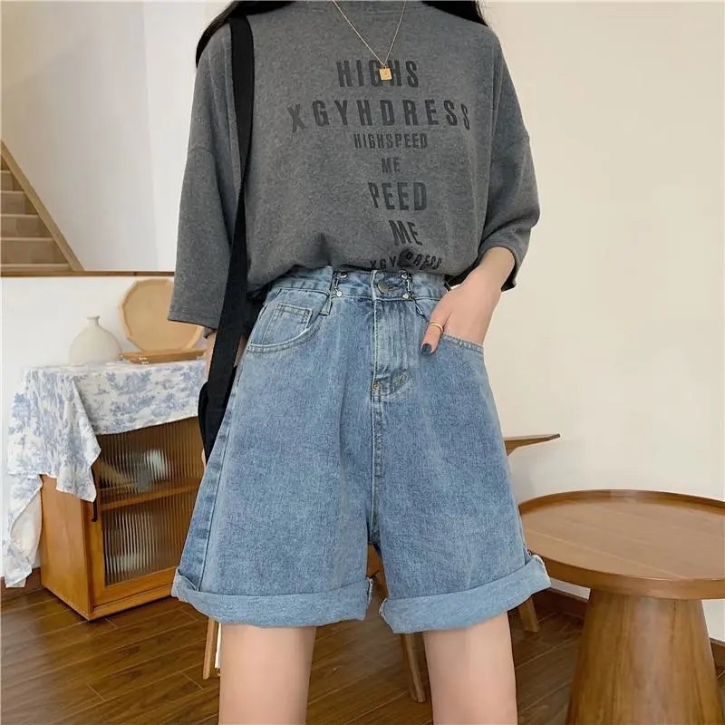 Quần Jeans Lửng Đùi Nam Nữ Màu Xanh Nhạt Gài Khuy Điều Chỉnh Eo Ống Rộng Phong Cách Ulzzang Chất Jean Loại 1i