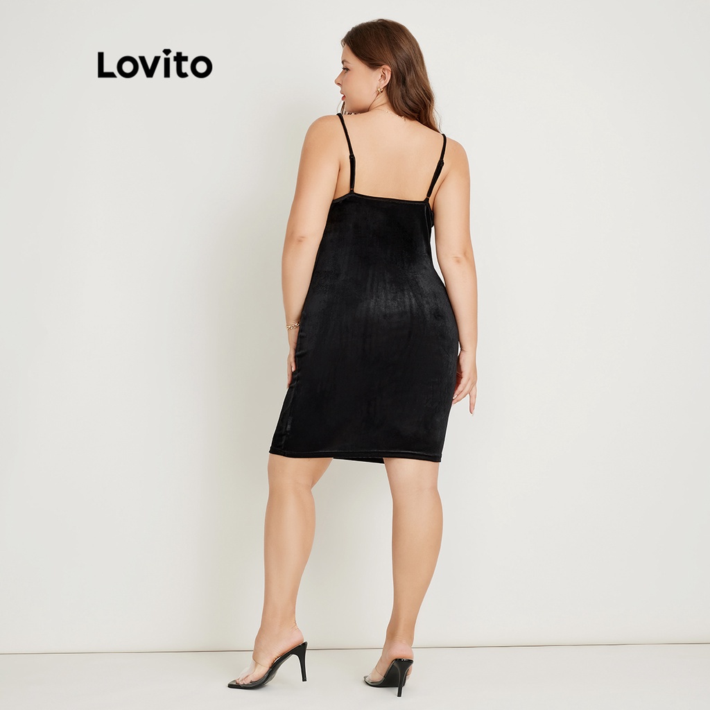 (1XL-4XL) Đầm nhung Lovito plus size cổ jeaps màu trơn thanh lịch LPS02005 (màu đen)