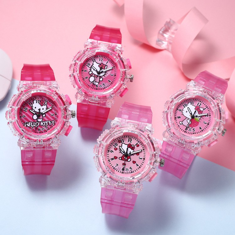 Đồng Hồ Đeo Tay nữ Có Đèn Led Phát Sáng In hình mèo cột nơ hello kitty có đèn sáng siêu dễ thương TE18