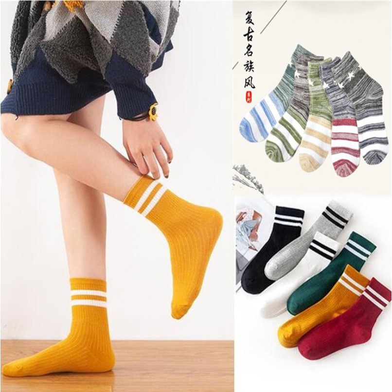 Set 10 đôi Vớ cổ dài phối sọc kẻ trơn nhiều màu sắc đầy năng động kiểu Hàn Quốc
