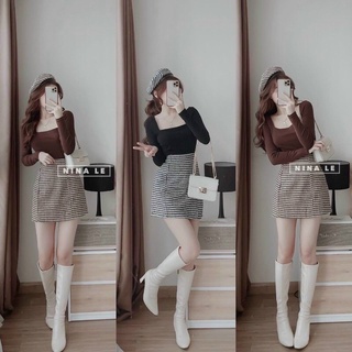 (Shop bigsize nữ 50kg-90kg) Set áo thun gân tay dài mix chân váy A caro