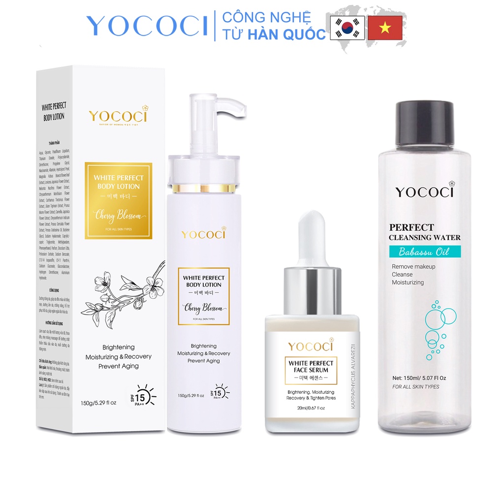 Bộ 3 sản phẩm Yococi Perfect gồm 1 serum dưỡng trắng da 20ml, 1 kem dưỡng trắng body 150g &amp; 1 nước tẩy trang 150ml