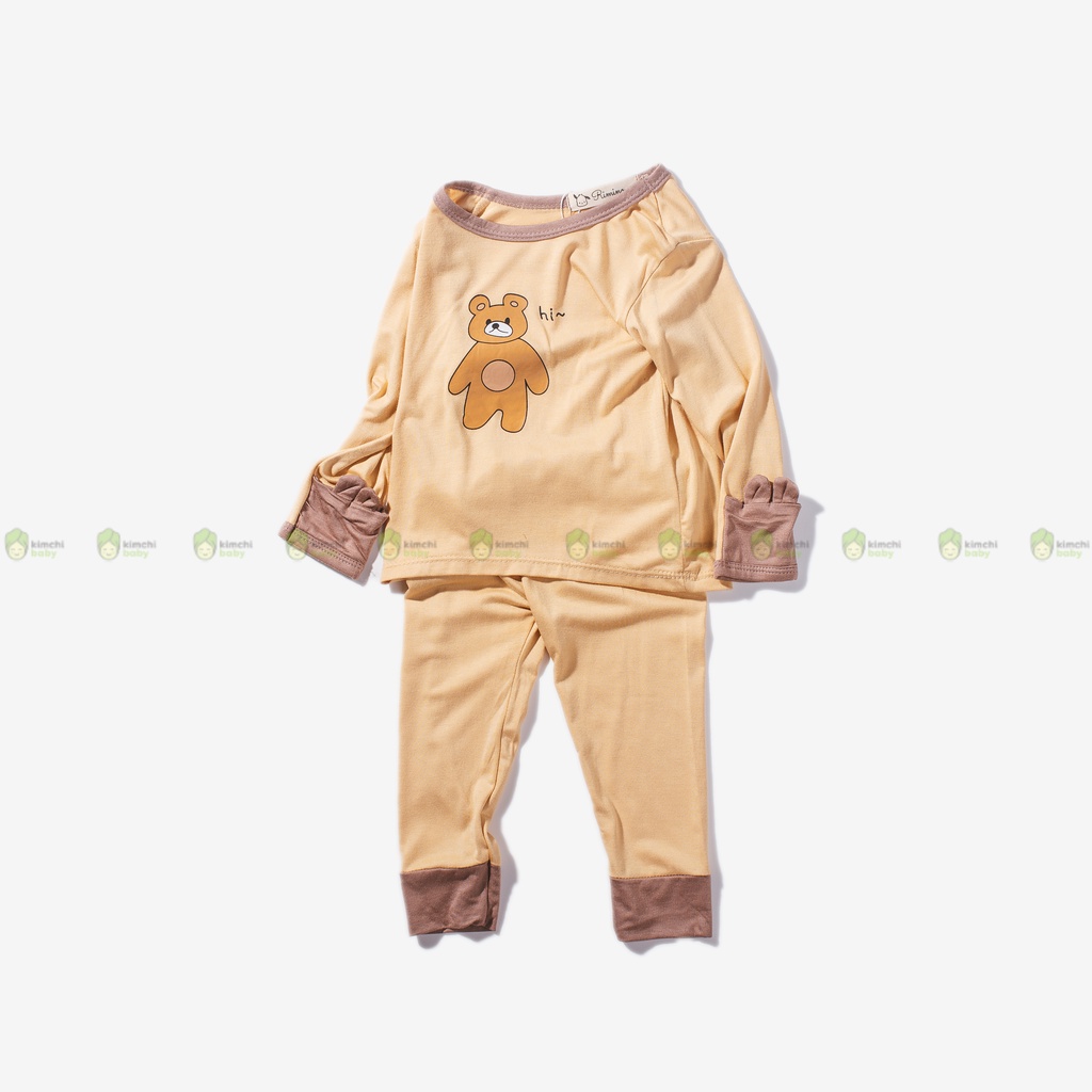 Bộ Dài Tay Bé Gái, Bé Trai KIMCHIBABY Vải Thun Lạnh Hoạ Tiết Gấu Bear Tay Lật, Bộ Quần Áo Trẻ Em Thu Đông KWTD2203