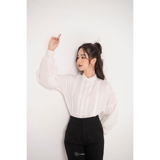 Áo sơ mi nữ trắng dập li cổ tàu xinh xắn freesize Joslyn Harriet