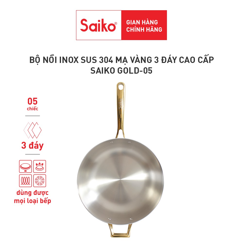 Bộ nồi inox cao cấp 3 đáy mạ vàng, 3 nồi 2 chảo kèm nắp phù hợp gia đình muốn có nguyên bộ cùng màu Saiko GOLD 05