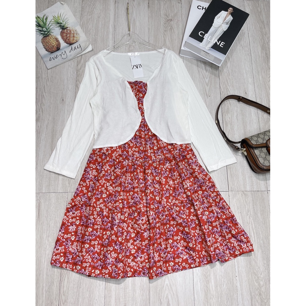 Set váy hoa nhí 2 dây mix áo khoác len cardigan SL050