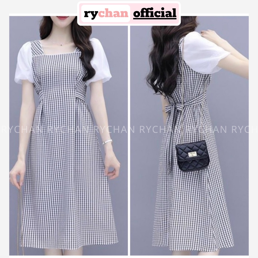 Đầm Nữ Dự Tiệc Họa Tiết Caro Nổi Bật Cổ Vuông Phối Tay Ngắn Trắng Dáng Dài Đi Cafe Thắt Eo Cực Ưa Chuộng - DX9939