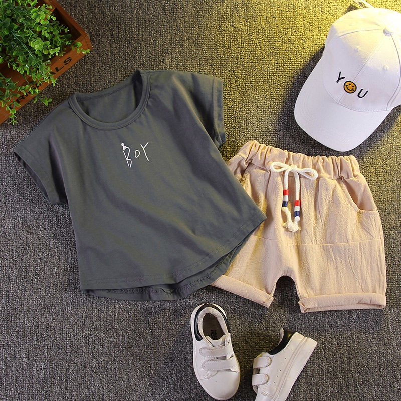 Set đồ mùa hè 2 món gồm áo tay ngắn 95% Cotton màu trơn + quần ngắn thời trang cho bé trai