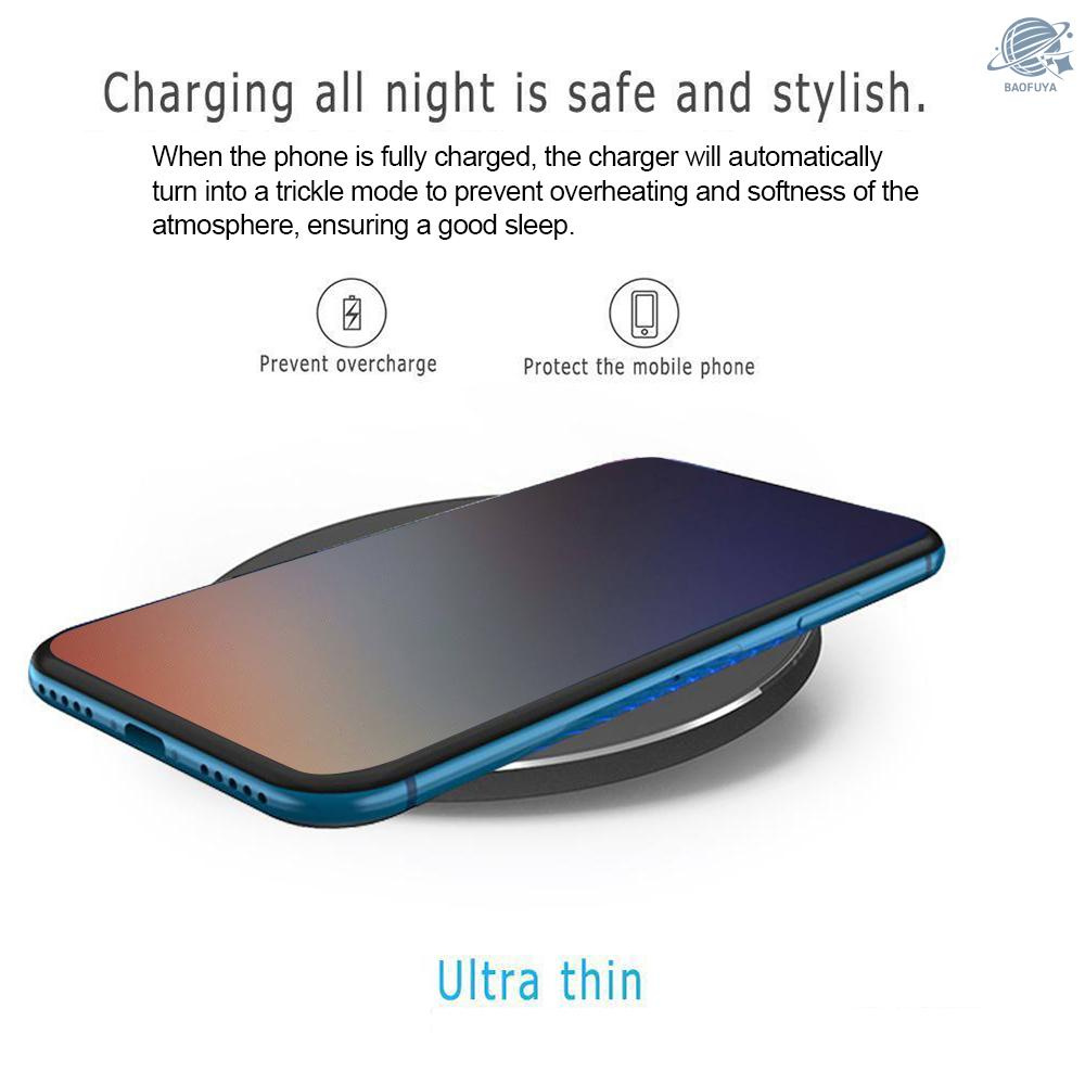 BF Portable Aluminum Alloy Ultra-thin Round Shape Qi Standard Wireless Charger 10W Fast Charging Pad Universal Phone Charge Base for i-Phone 8/8 Plus/X or for Samsung Galaxy S9+/S9/S8/S8+/S7/S7 Edge/S6 Edge+ and More