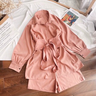 Sét bộ đồ nữ áo sơ mi dài tay có cây cột eo